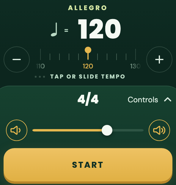 Quick Metronome showing 120 BPM, the volume slider and Start.